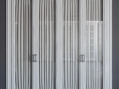 Modern White Decorative Cabinet with Striped Glass Doors and Metal Handles in Minimalist Design 3d model