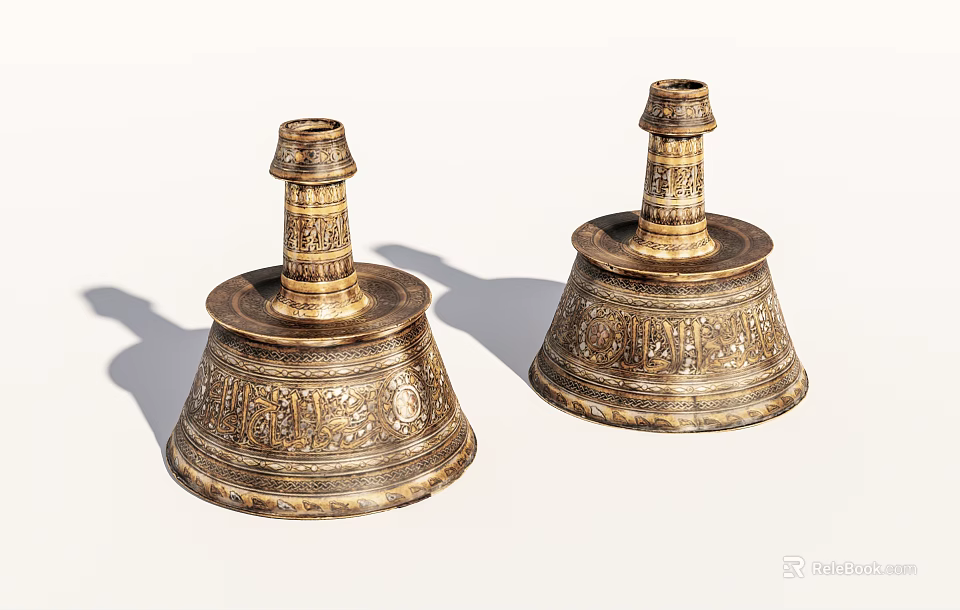 Golden Carved Metal Decorative Ornament Set With Patterned Base And Top Structure 3d model 