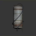 Rusty Cylindrical Industrial Tank with Blue Hose and Metal Stand