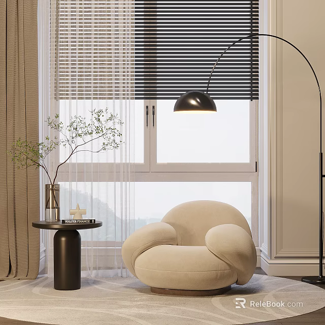 Beige Armchair With Rounded Armrests By Window With Floor Lamp Side Table And Green Plant 3d model 