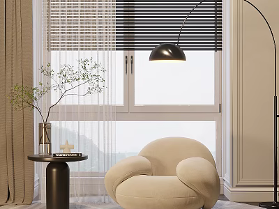 Beige Armchair With Rounded Armrests By Window With Floor Lamp Side Table And Green Plant 3d model