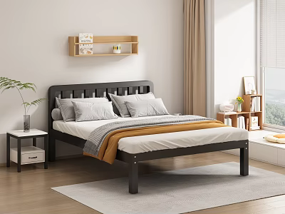 Double Bed with Black Frame White Pillows Orange Blanket Wooden Shelf and Nightstand 3d model