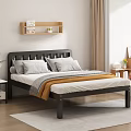 Double Bed with Black Frame White Pillows Orange Blanket Wooden Shelf and Nightstand