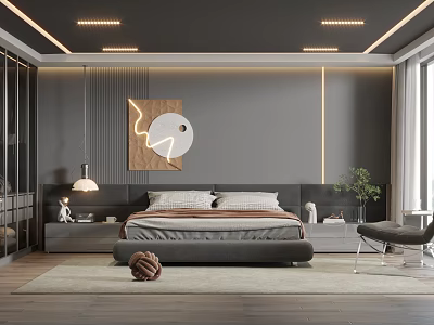 Modern Gray Bedroom Interior Design With Artwork Headboard Plants Lighting And Rug 3d model