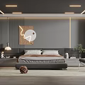 Modern Gray Bedroom Interior Design With Artwork Headboard Plants Lighting And Rug