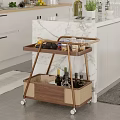 Wheeled Two Tier Wooden Rattan Side Table for Kitchen Storage with Fruits and Wine Bottles