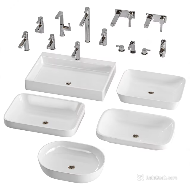Ceramic Washbasins In Various Shapes With Faucets And Bathroom Accessories 3d model 
