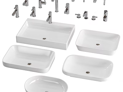 Ceramic Washbasins In Various Shapes With Faucets And Bathroom Accessories 3d model