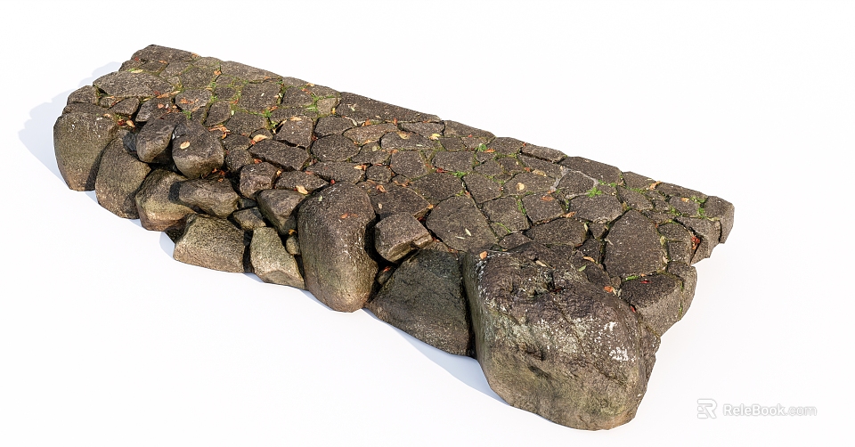 Rustic Stone Paved Ground With Irregular Stones Green Grass In Gaps And Fallen Leaves 3d model 