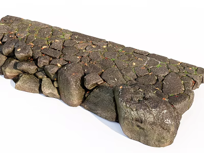 Rustic Stone Paved Ground With Irregular Stones Green Grass In Gaps And Fallen Leaves 3d model