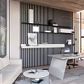 Modern Office Interior Design With Wooden Ceiling Striped Wall Desk Computers And Chairs