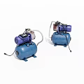Two Blue Industrial Air Compressors with Purple Motors and Steel Tanks