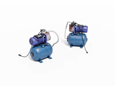 Two Blue Industrial Air Compressors with Purple Motors and Steel Tanks 3d model