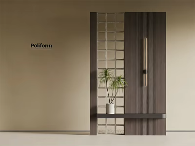 Modern Wooden Glass Grid Room Divider With White Vase And Potted Plant 3d model
