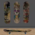 Decorative Skateboards With Colorful Artistic Designs Hanging On Wall And One On Floor