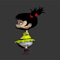 Cartoon Girl With Black Hair Three Braids Red Hair Ties Yellow Dress Purple Shoes