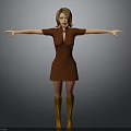 A Woman In Brown Dress And Brown Boots With Arms Outstretched Against Gray Background
