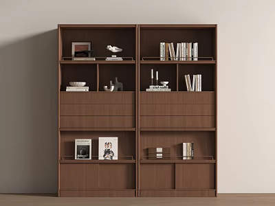 Modern Wooden Bookcase With Multiple Compartments Books Photo Frames And Decorative Items 3d model