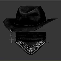 Stylish Black Cowboy Hat With Patterned Bandana And Cross Pendant
