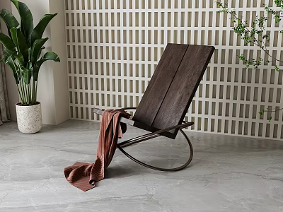 Wooden Lounge Chair With Metal Frame Blanket Draped Near Potted Plant Against Grid Patterned Wall 3d model