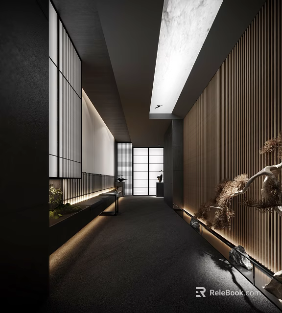 Modern Elevator Corridor With Wooden Panel Walls Black Accents And Recessed Lighting 3d model 