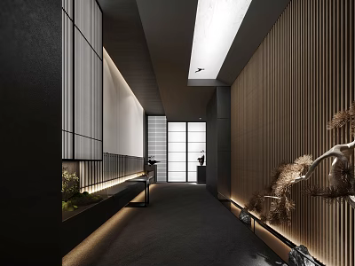 Modern Elevator Corridor With Wooden Panel Walls Black Accents And Recessed Lighting 3d model