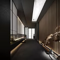 Modern Elevator Corridor With Wooden Panel Walls Black Accents And Recessed Lighting