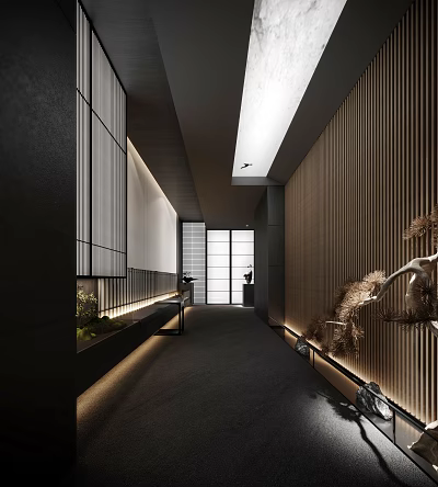 Modern Elevator Corridor With Wooden Panel Walls Black Accents And Recessed Lighting 3d model