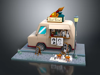 Street Portrait Cart With Decorative Brushes Street Lamp Stone Pavement And Easel Displays 3d model