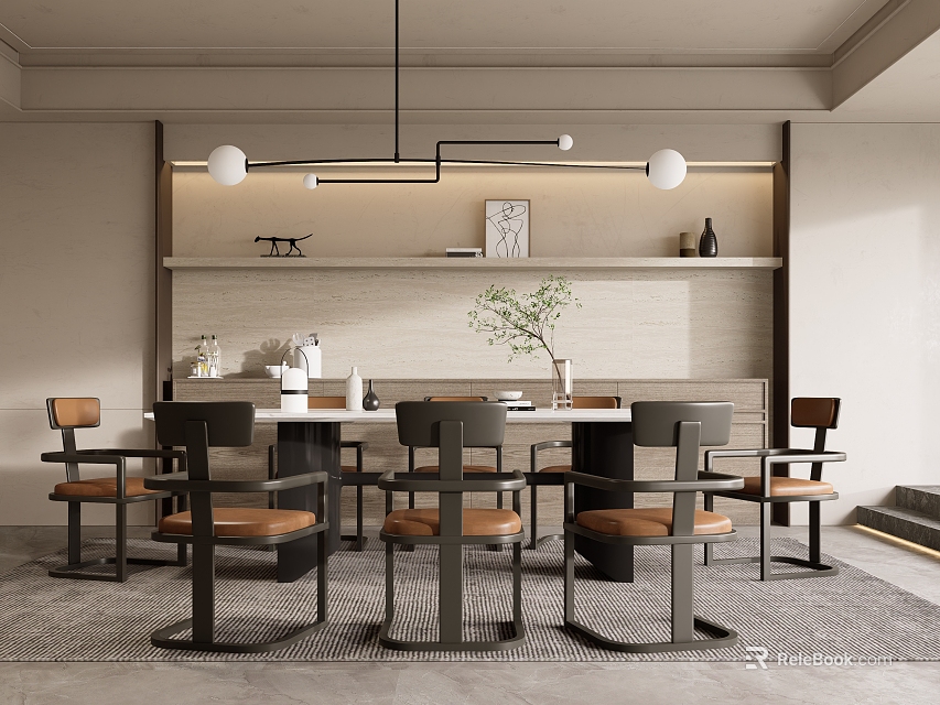 Modern Dining Table Set with White Top Black Frame Brown Cushion Chairs and Pendant Lights 3d model 