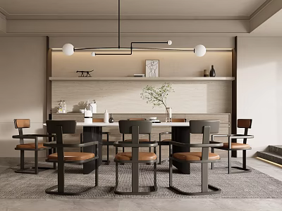 Modern Dining Table Set with White Top Black Frame Brown Cushion Chairs and Pendant Lights 3d model