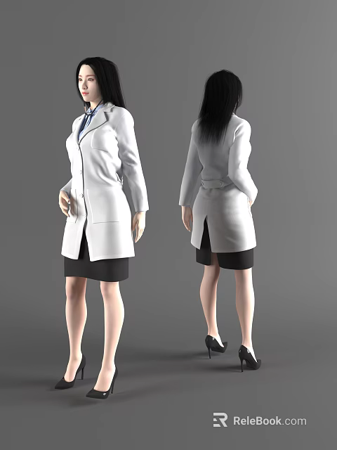Woman In White Long Coat With Black Skirt And High Heels 3d model 