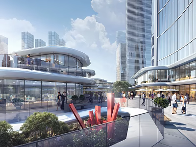 Modern Commercial Street With Tall Glass Facade Buildings Open Pedestrian Area And Greenery 3d model