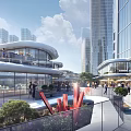 Modern Commercial Street With Tall Glass Facade Buildings Open Pedestrian Area And Greenery