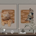 Framed Cat Wall Art Featuring Closed Eyes And Big Eyes On Fish Leaf Patterns 3d model