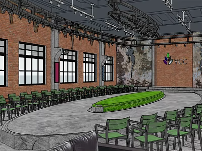 Industrial Style Event Space With Brick Walls Large Windows And Circular Green Area 3d model