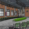 Industrial Style Event Space With Brick Walls Large Windows And Circular Green Area