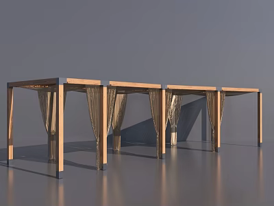 Modern Wooden Pergola Structure With Multiple Units And Hanging Curtains On Reflective Floor 3d model