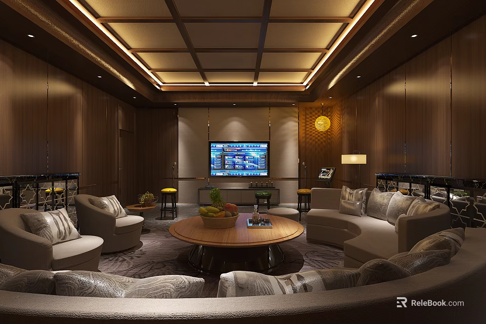 KTV Lounge Interior With Wooden Walls Round Coffee Table Sofas TV Screen And Warm Lighting 3d model 