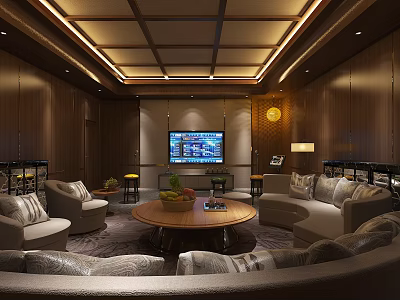 KTV Lounge Interior With Wooden Walls Round Coffee Table Sofas TV Screen And Warm Lighting 3d model