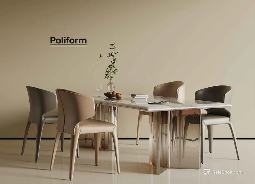 Modern Elegant Dining Table Set With Four Chairs And Decorative Vase Greenery 3d model 