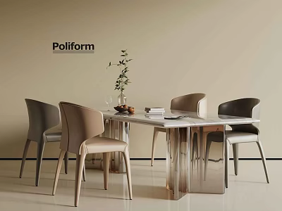 Modern Elegant Dining Table Set With Four Chairs And Decorative Vase Greenery 3d model