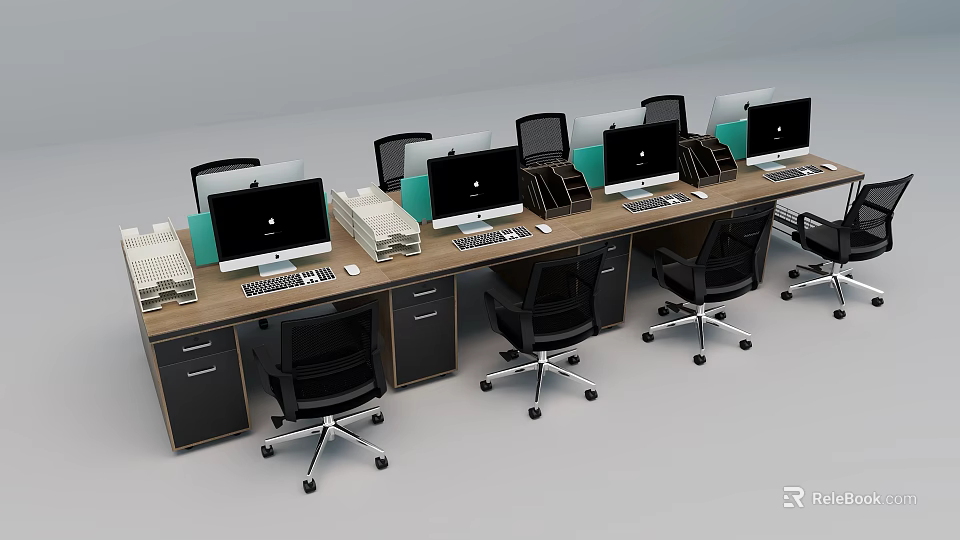 Multiple Office Desks With Computer Monitors Ergonomic Chairs And Office Supplies 3d model 