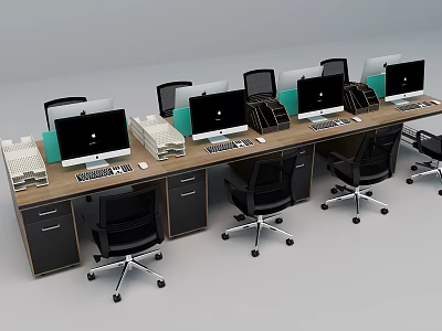 Multiple Office Desks With Computer Monitors Ergonomic Chairs And Office Supplies 3d model
