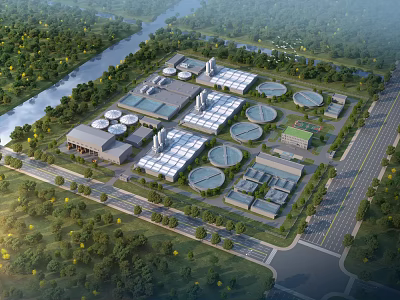 Birds Eye View Planning of Industrial Zone Layout With Circular Tanks Buildings Roads and River 3d model
