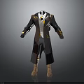 Dark Long Coat With Yellow Accents Vest Shirt Pants And Brown Boots