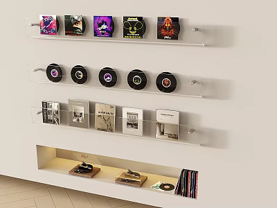 Transparent Wall Mounted Shelves Display Vinyl Records Albums And Books In Modern Interior 3d model