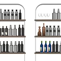 Wine Bottles and Glasses Showcased in Various Styles on White Shelves