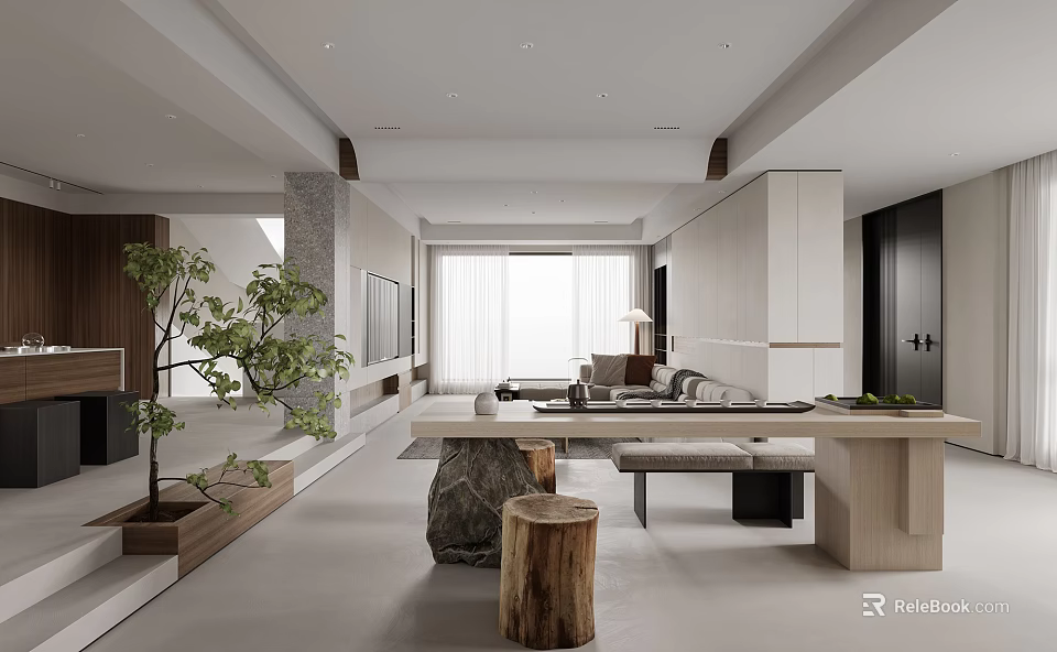 Modern Living Room Interior Design With Comfortable Sofa Wooden Coffee Table And Green Plants 3d model 