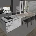 Modern Open Kitchen Dining Table Set With Marble Countertop And Black Chairs 3d model